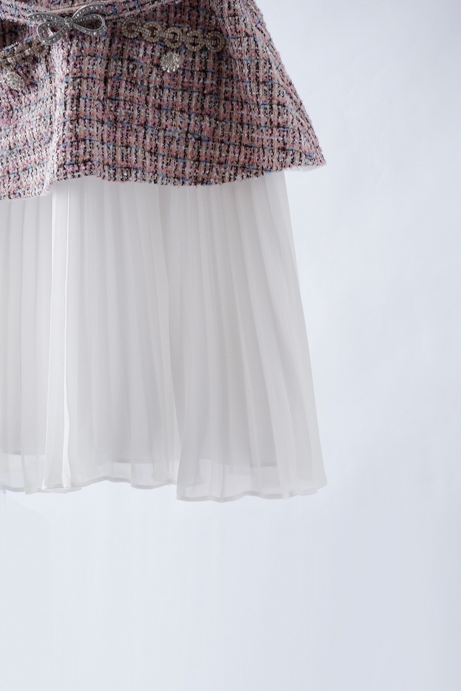 Self-Portrait Tweed Patchwork Pleated fabric chiffon Sleeveless Dresses Belts
