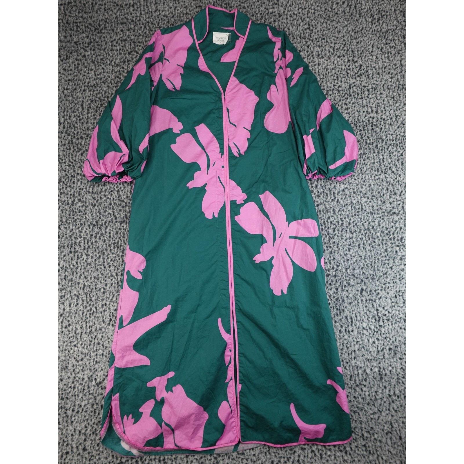 Hyacinth House Midi Dress Womens Medium Green Pink Excellent Floral Puff Sleeve