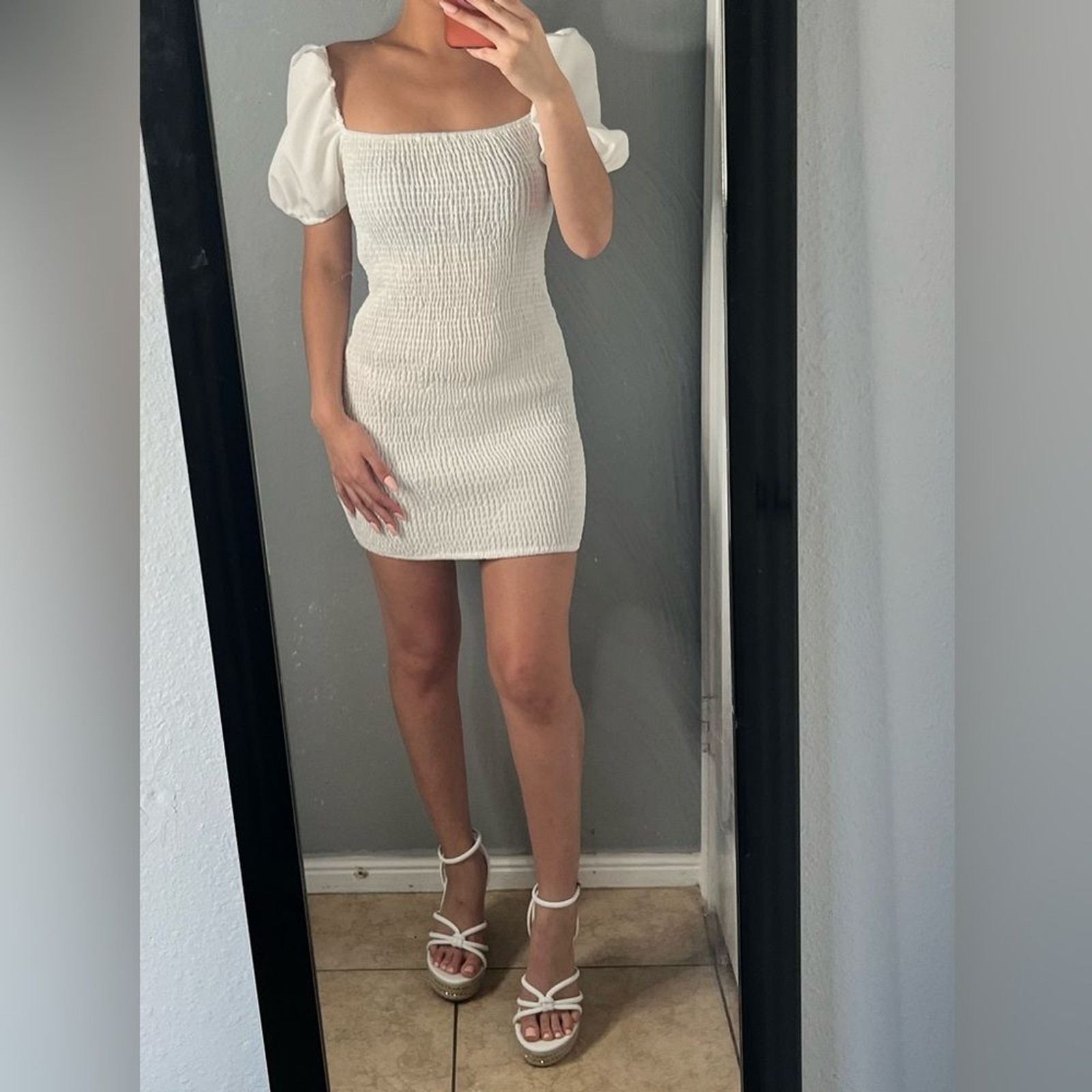 Romantic White Smocked Puff Sleeve Mini Dress Bridal Euro Summer Cottagecore – 6