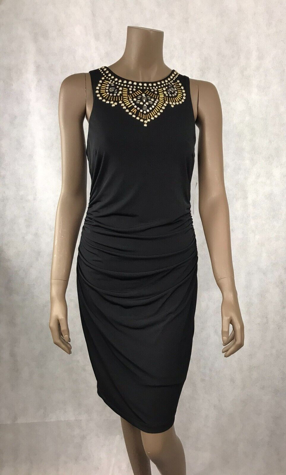 Women Black Ruched Studded/Rhinestone Cocktail Dress