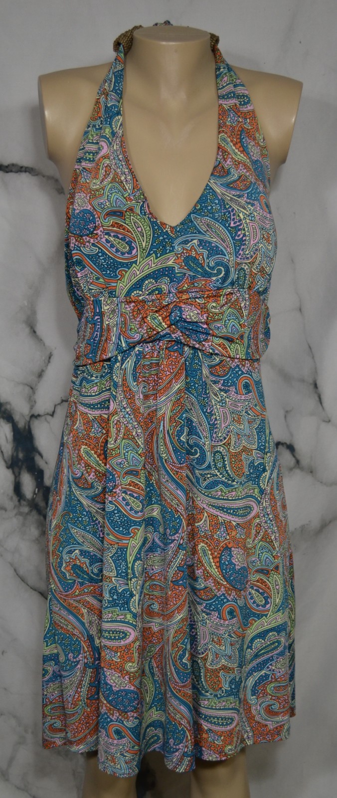 TALIA Teal Orange Lavender Paisley Halter Dress Large Padded Bust Beaded Accent