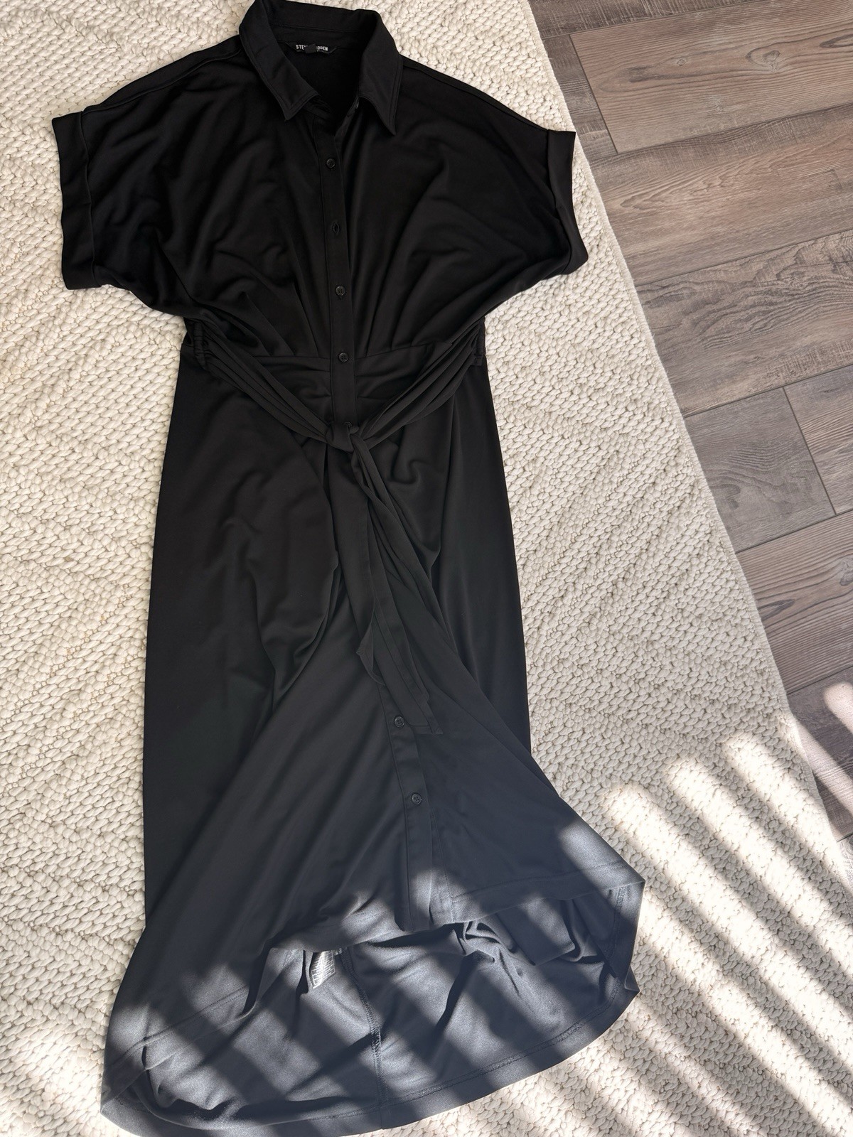 Steve Madden Black Collared Button Belted Shirt Dress Tie Accent Short Sleeve 10