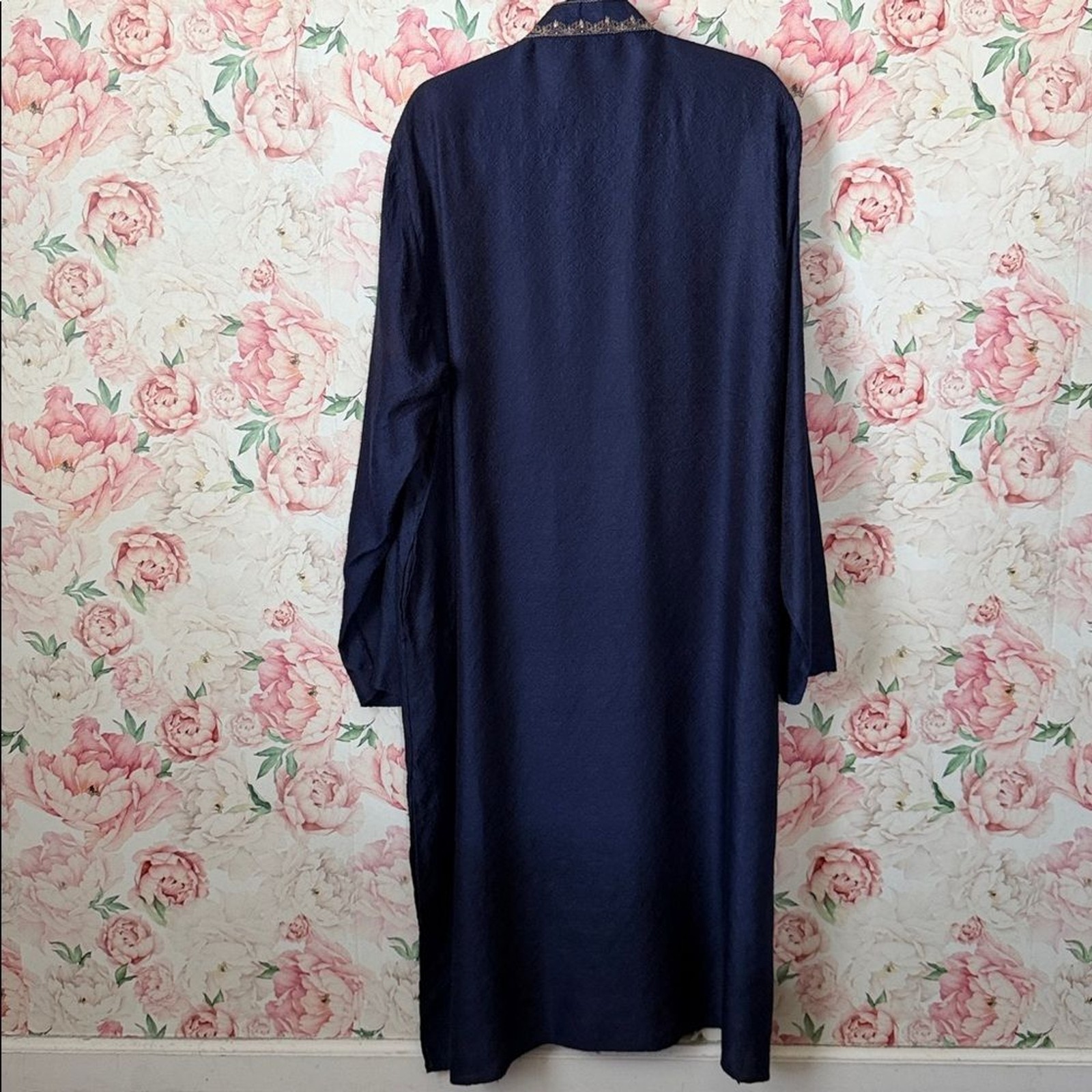 EUC 100% SILK ETHOS Elite Garmets India Caftan Embriodered Damask Navy Blue