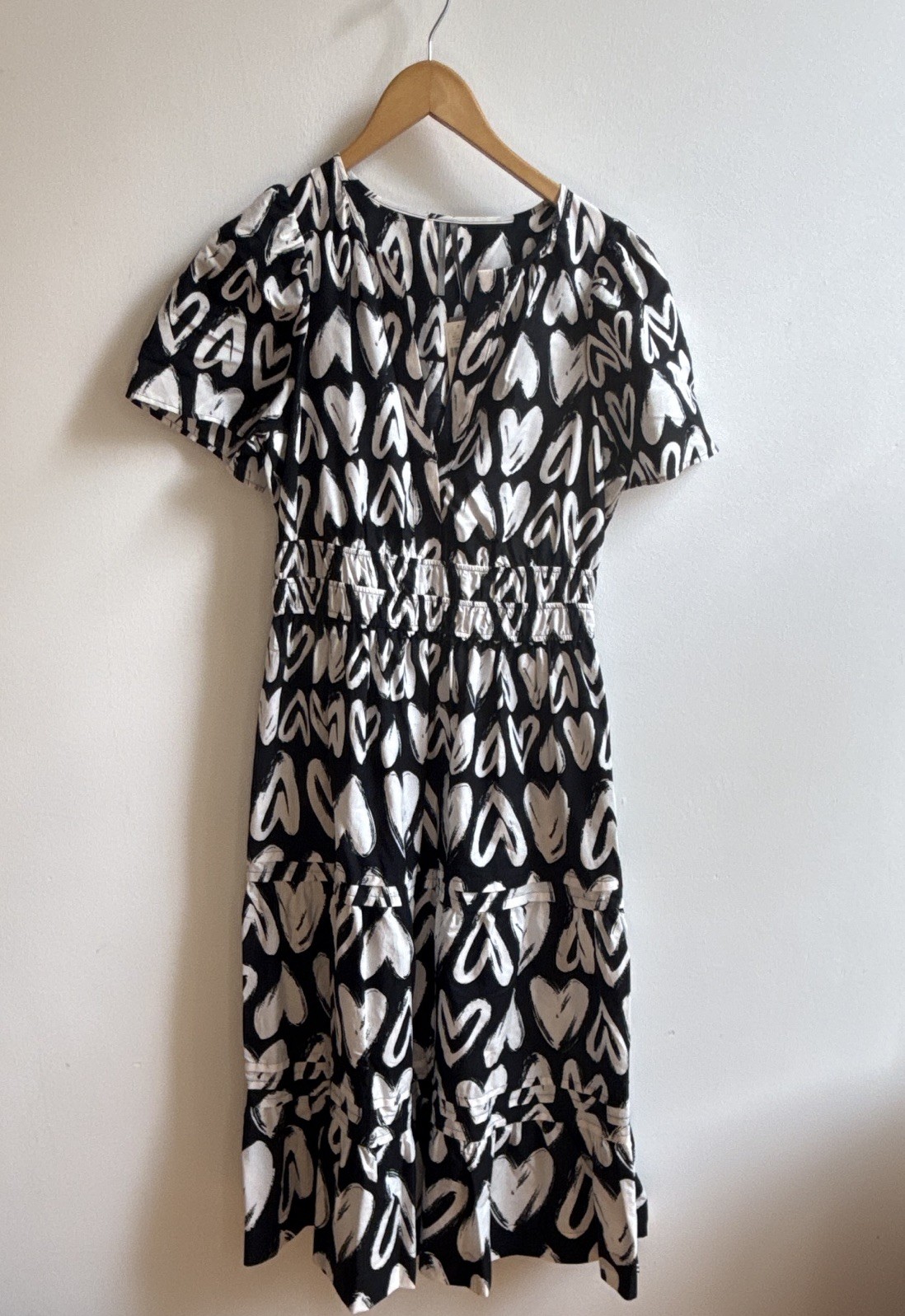 Anthropologie Heart Print Smocked Waist V-Neck Midi Dress, S, Black/White