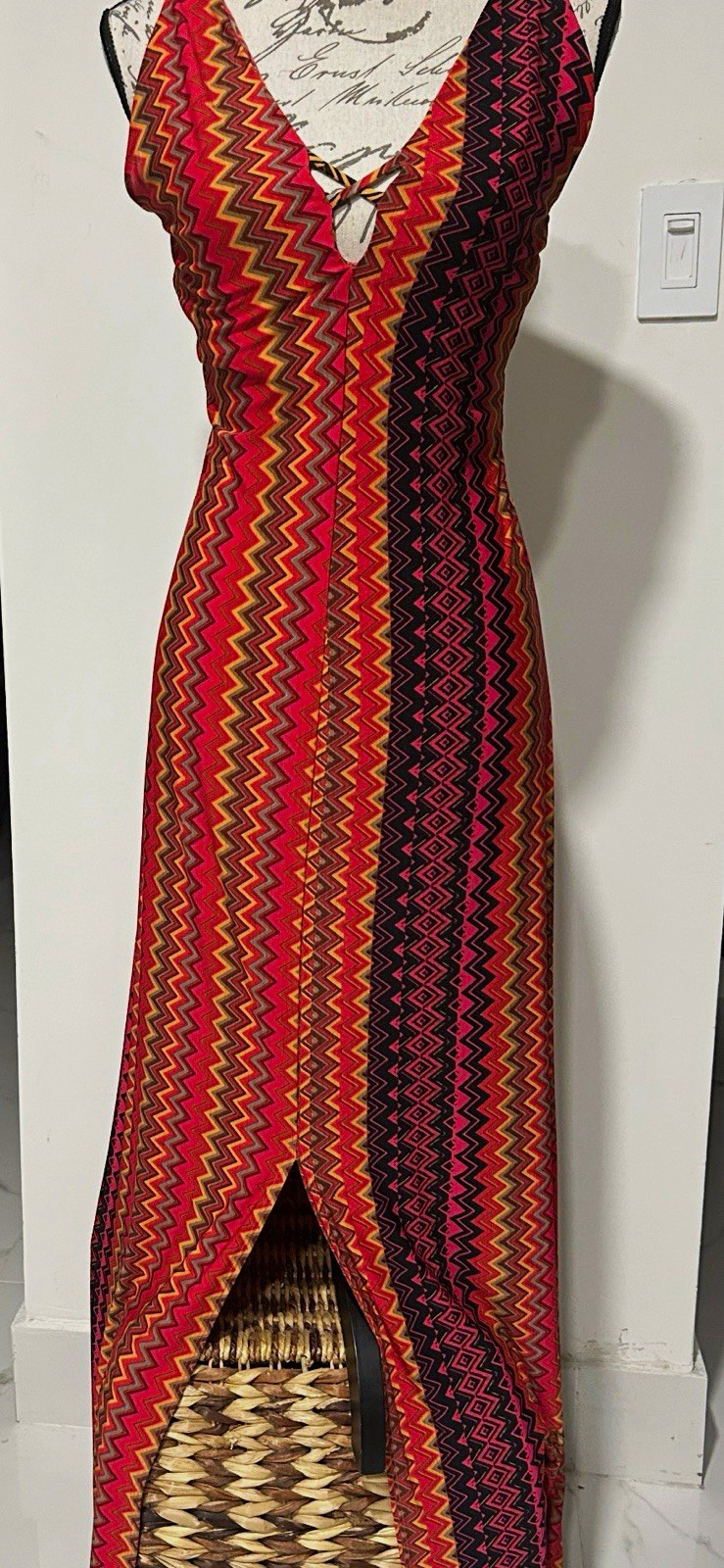 Sky V-Neck Spaghetti Strap Geometric Maxi Dress Multicolor Poly Spandex M