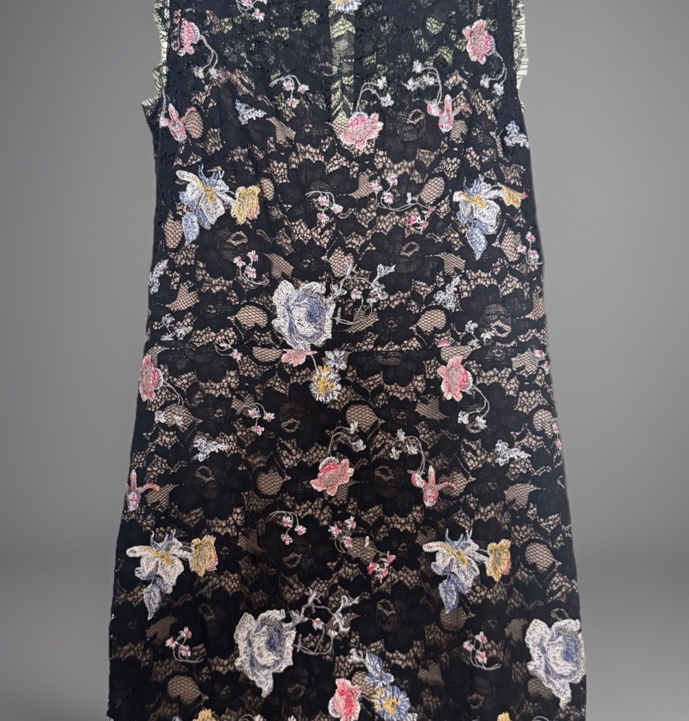 BCBGMaxazria Black Lace Bodycon Dress | Diame |Floral Embroidery | Dark Romance
