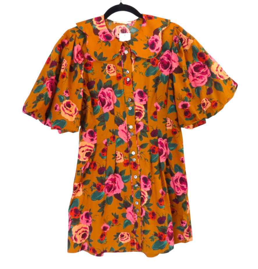 NWT Olivaceous PLEATED PUFF SLEEVE DRESS Mustard/Pink Floral SCALLOP COLLAR sz M