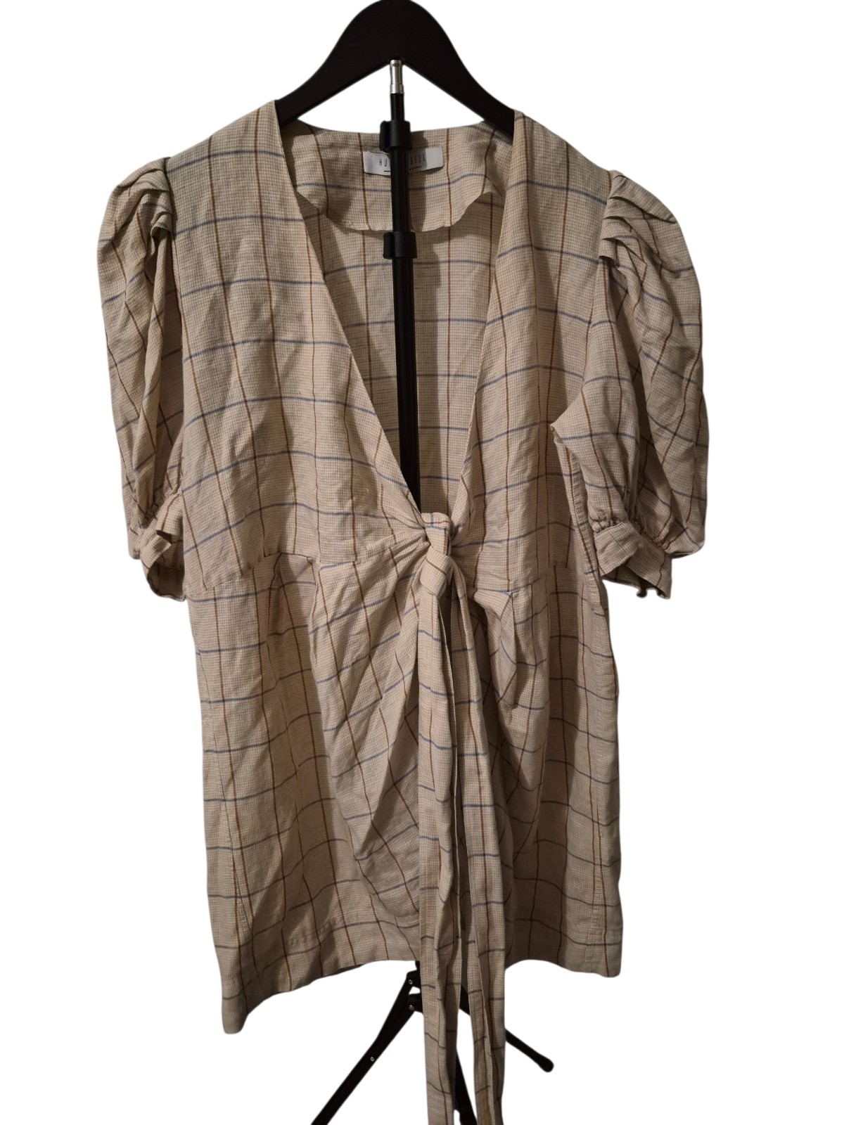 Hunter Bell Mini Plaid Dress M Linen Blend Wrap Puff Sleeve Neutral Preppy