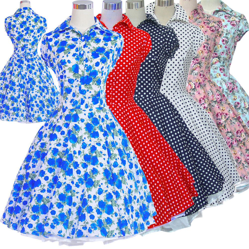 Vintage Hepburn Style 50s 60s 70s Retro Swing Rockabilly Dress Print Floral 6Col