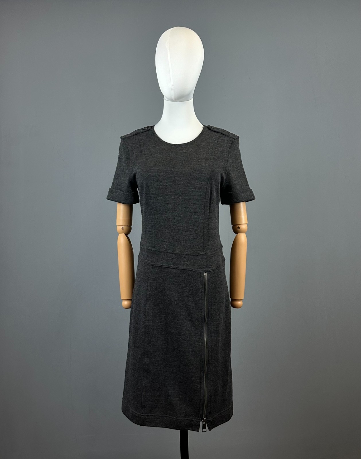 Burberry London Brit Gray Wool Short Sleve Sweater Midi Dress Size M