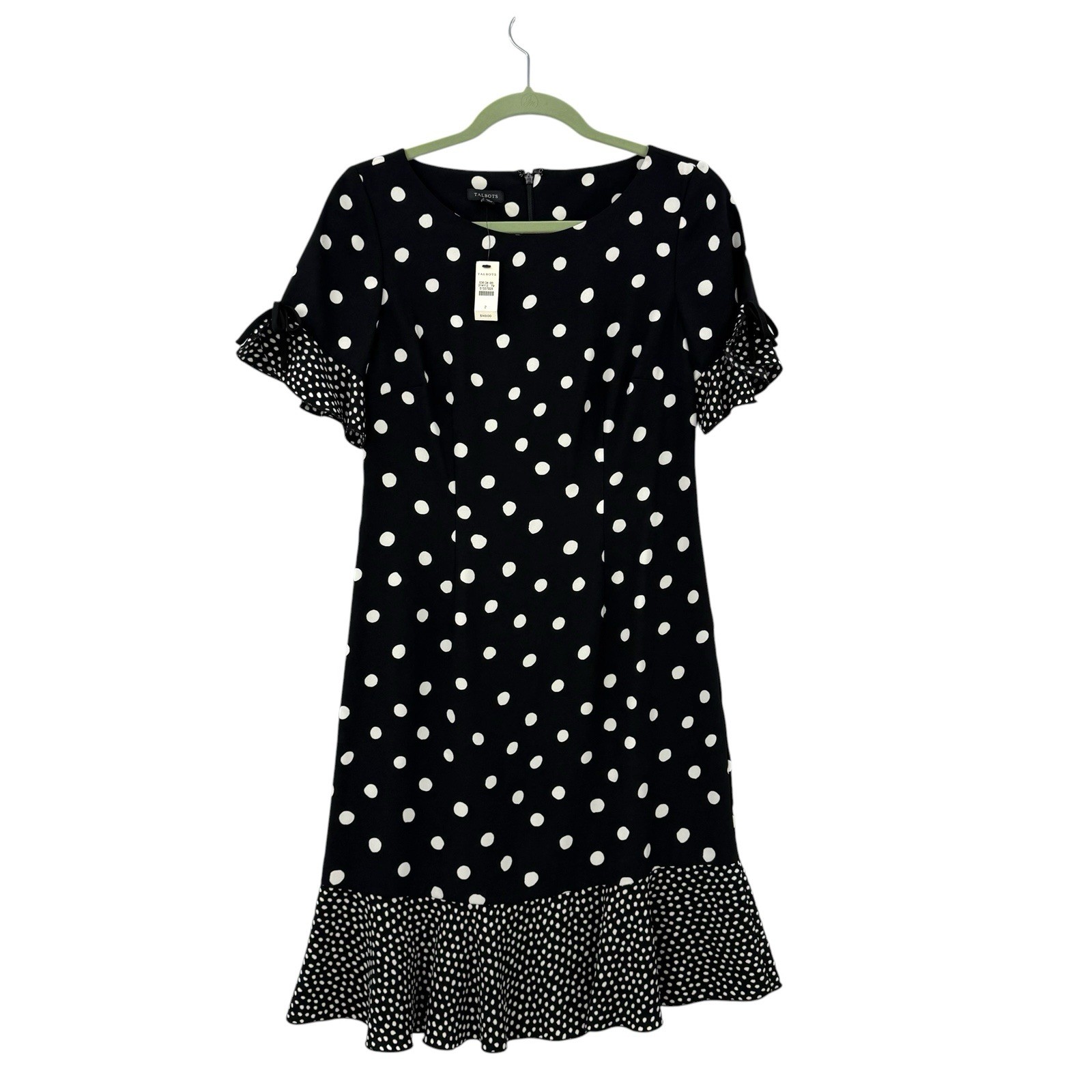 Nwt’s Talbots Black White Polka Dot Dress Ruffle Sleeve Hem Sz 2 Classic Retro