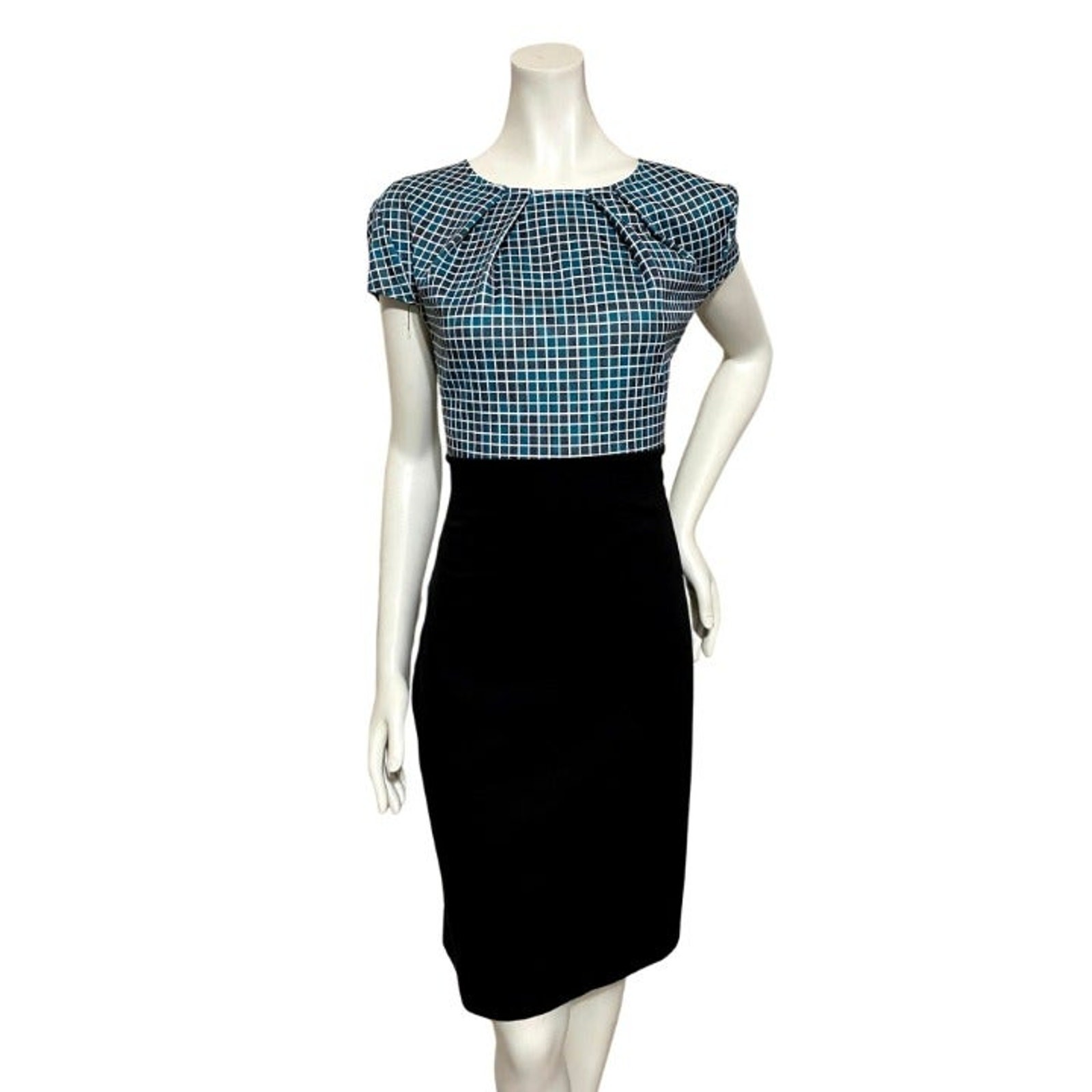 Turquoise and Black Plaid Top Black Skirt Cap Sleeve Career Dress Size XXL