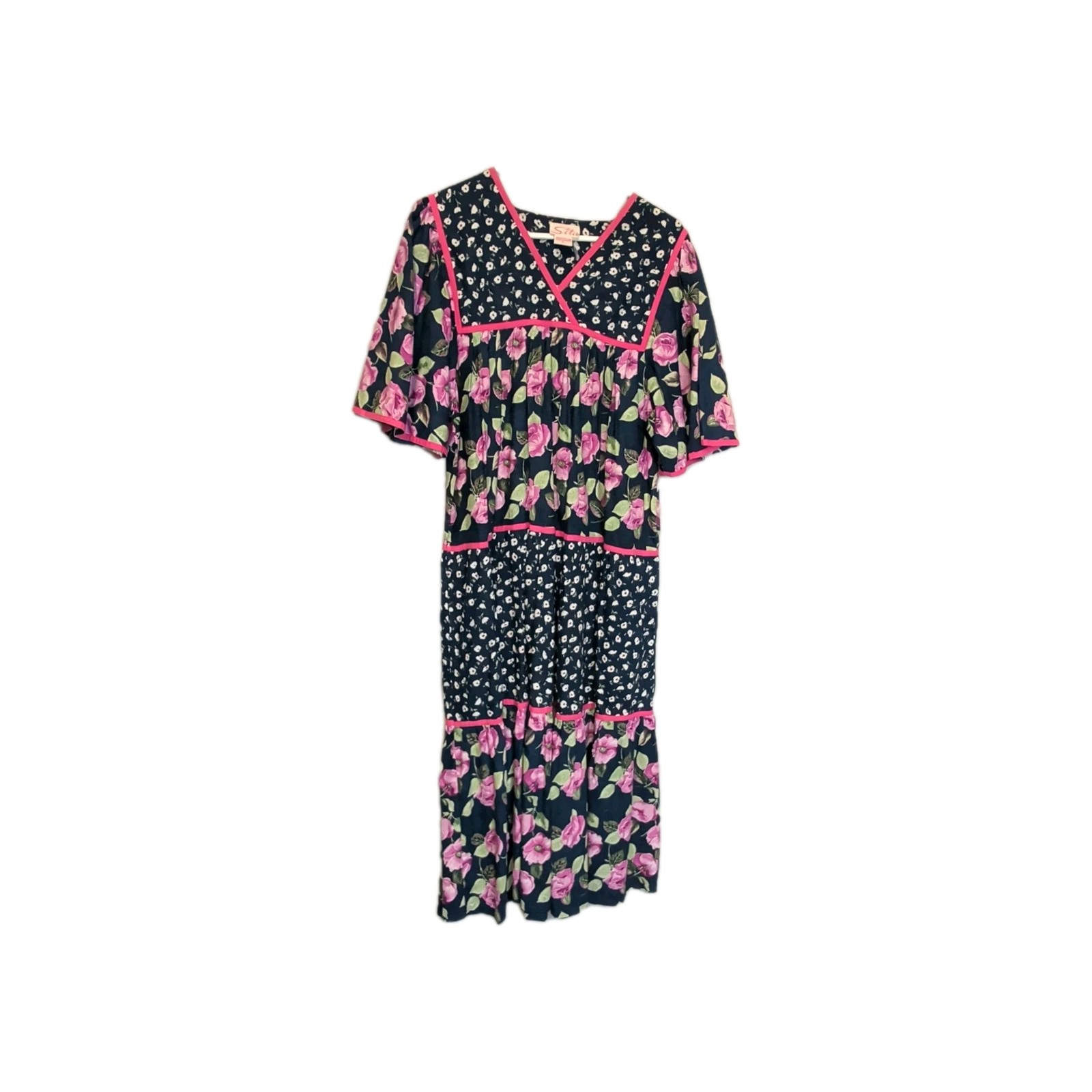 Vintage Sita L Cotton Vacation Lounger Pullover Caftan House Tiered Maxi Dress