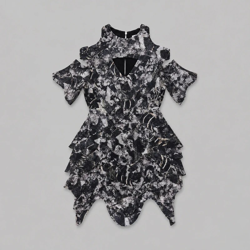 Willow Black White Print Layered Laser Scallop Cut Out McQueen Dress Size 10 38