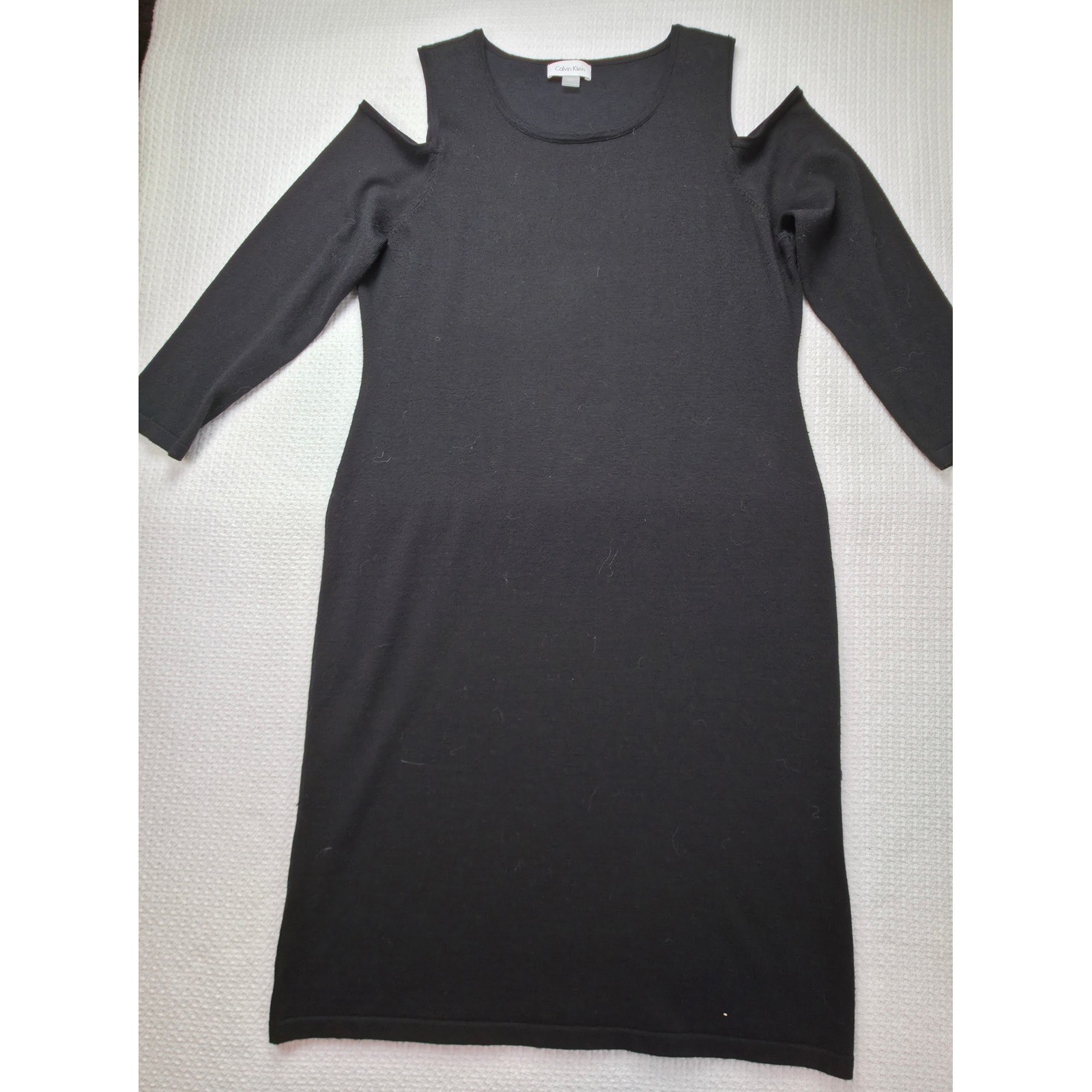 Calvin Klein Cold Shoulder Knit Dress Womens L Black Long Sleeve Midi EUC