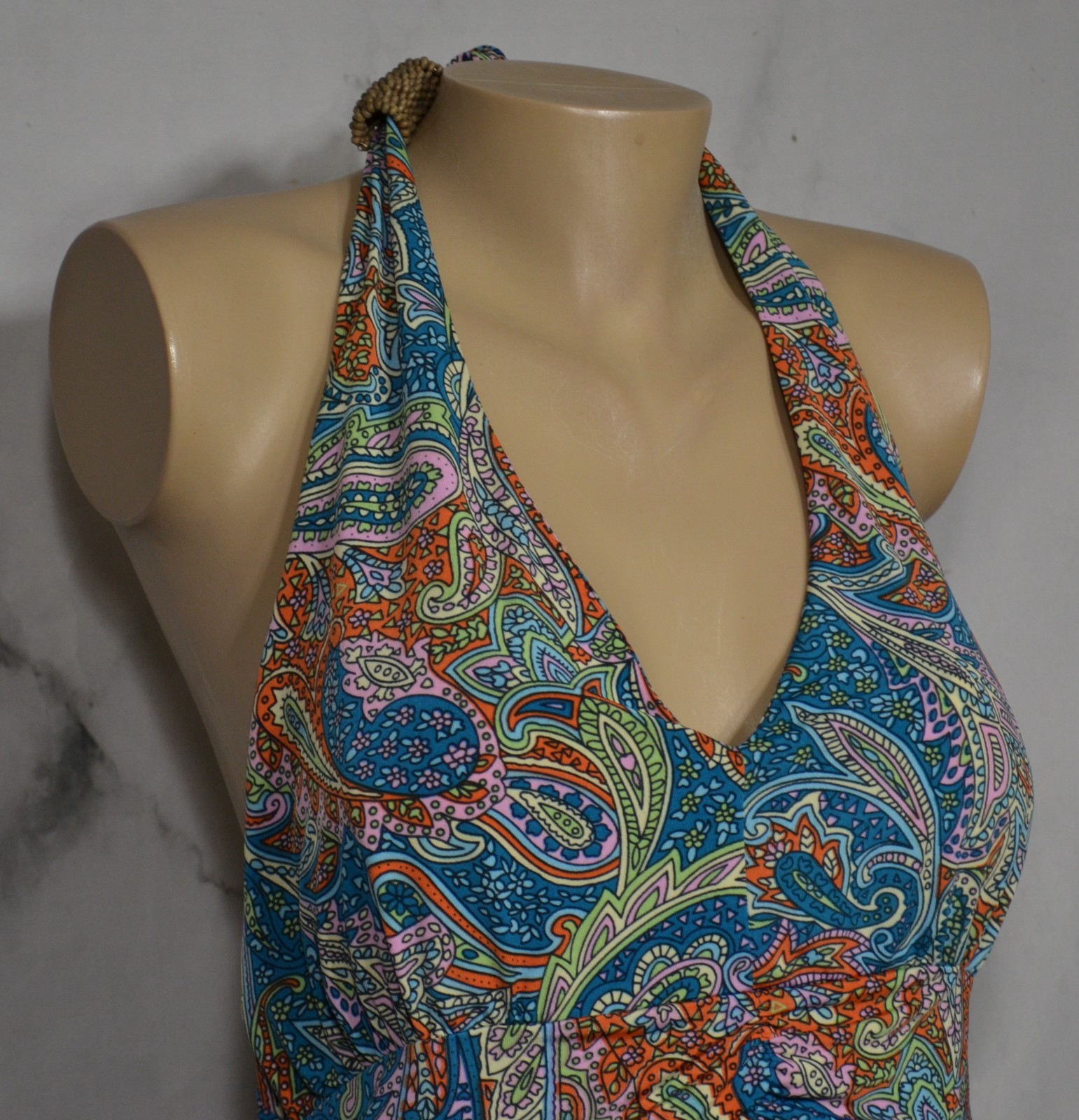 TALIA Teal Orange Lavender Paisley Halter Dress Large Padded Bust Beaded Accent
