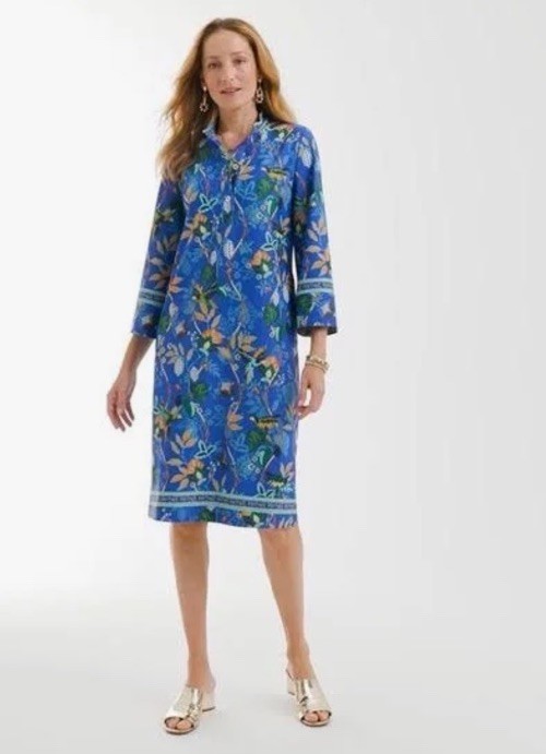 Chicos Midi Dress Large Floral Tropical Mandarin Collar Turkish Sea Scuba