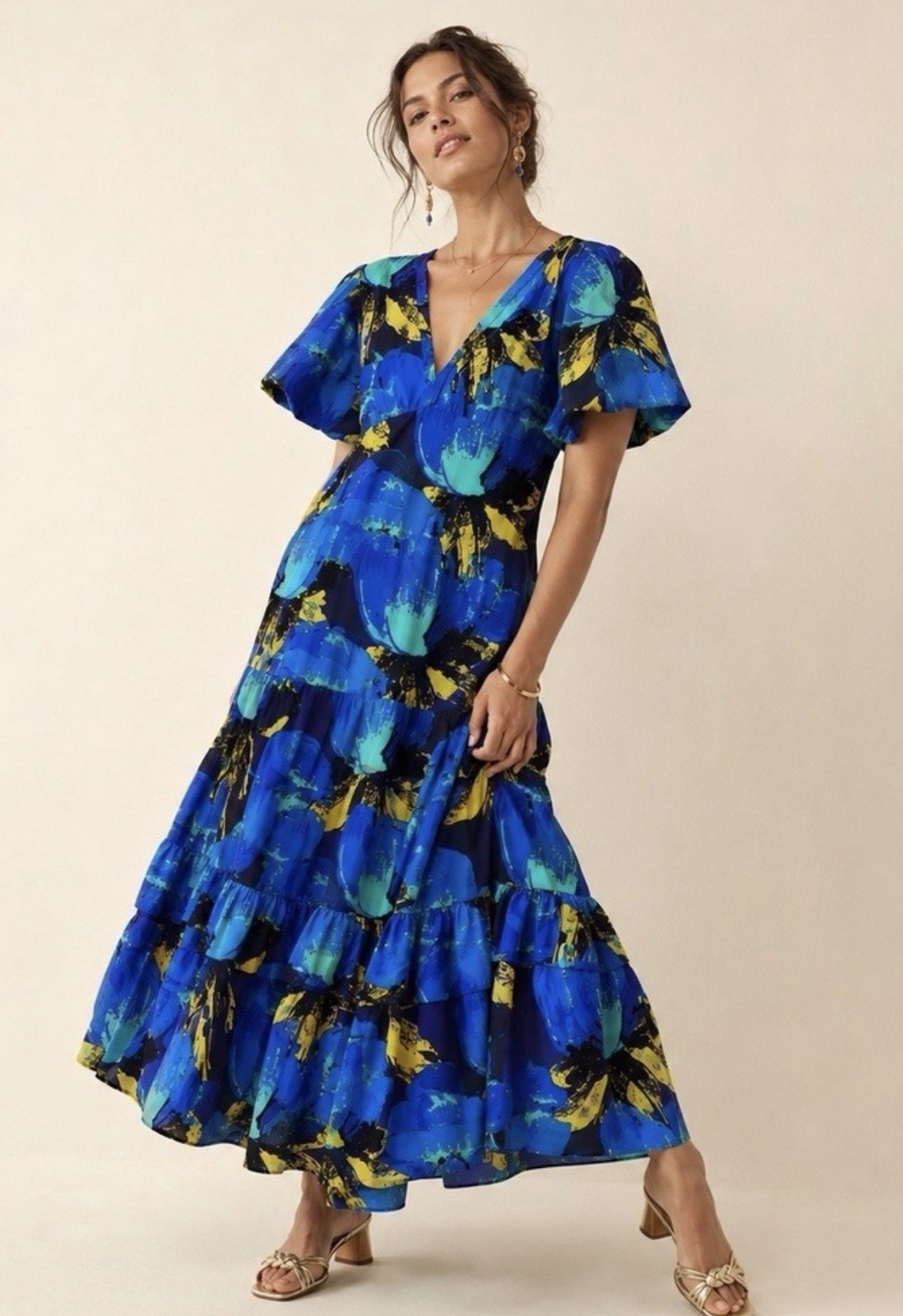 Christopher John Rogers for Target Blue V-Neck Flutter Sleeve Maxi Dress 10