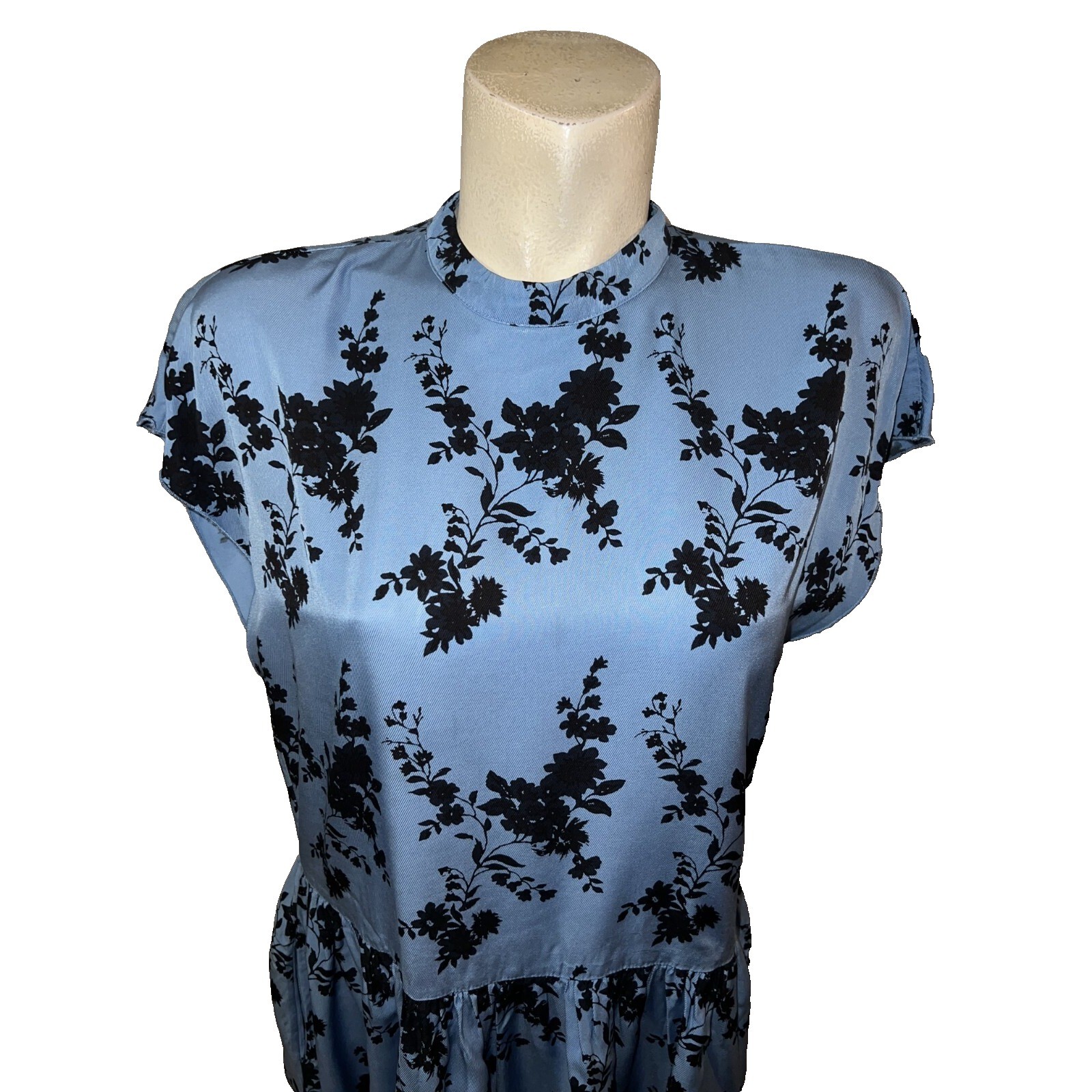 Samsoe Samsoe Blue Floral High Neck Keyhole Back Drop Waist Mini Dress Womens M