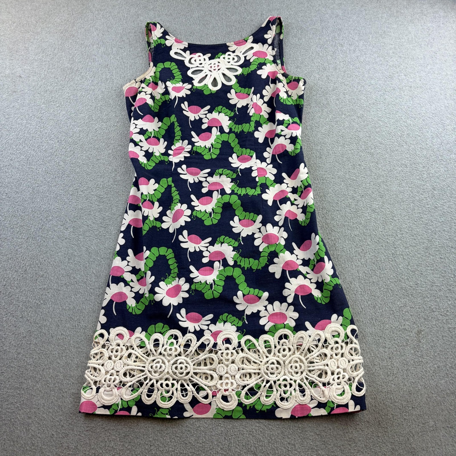 Lilly Pulitzer Dress Womens 2 Blue Daisy Floral Sleeveless Shift Crochet Hem