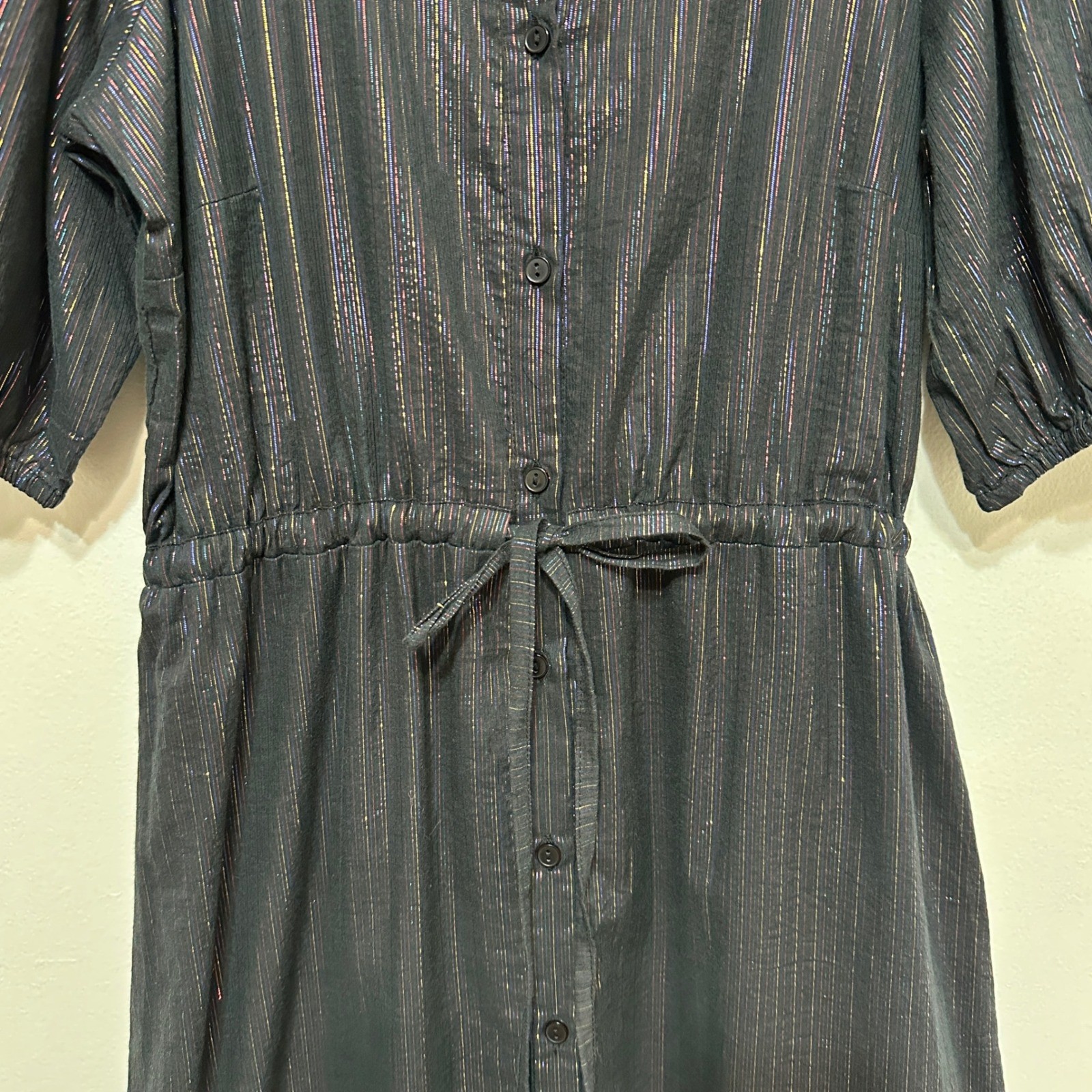 Emerson Fry Lucy Maxi Dress Womens Small Rainbow Black Lurex Cotton Puff Sleeve