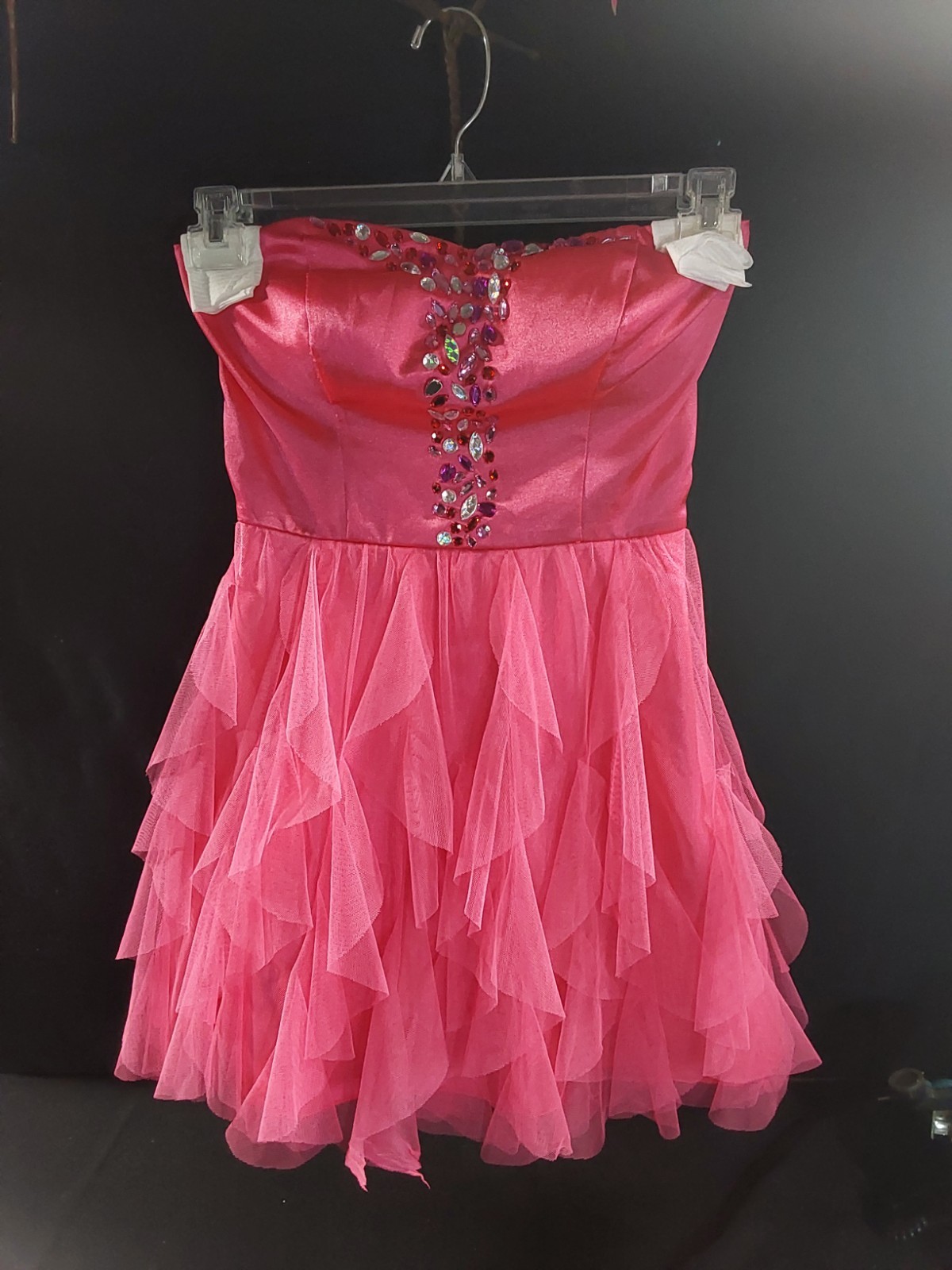 Sequin Hearts Hot Pink Ruffeled Rinstone Mini Dress Prom Size 3