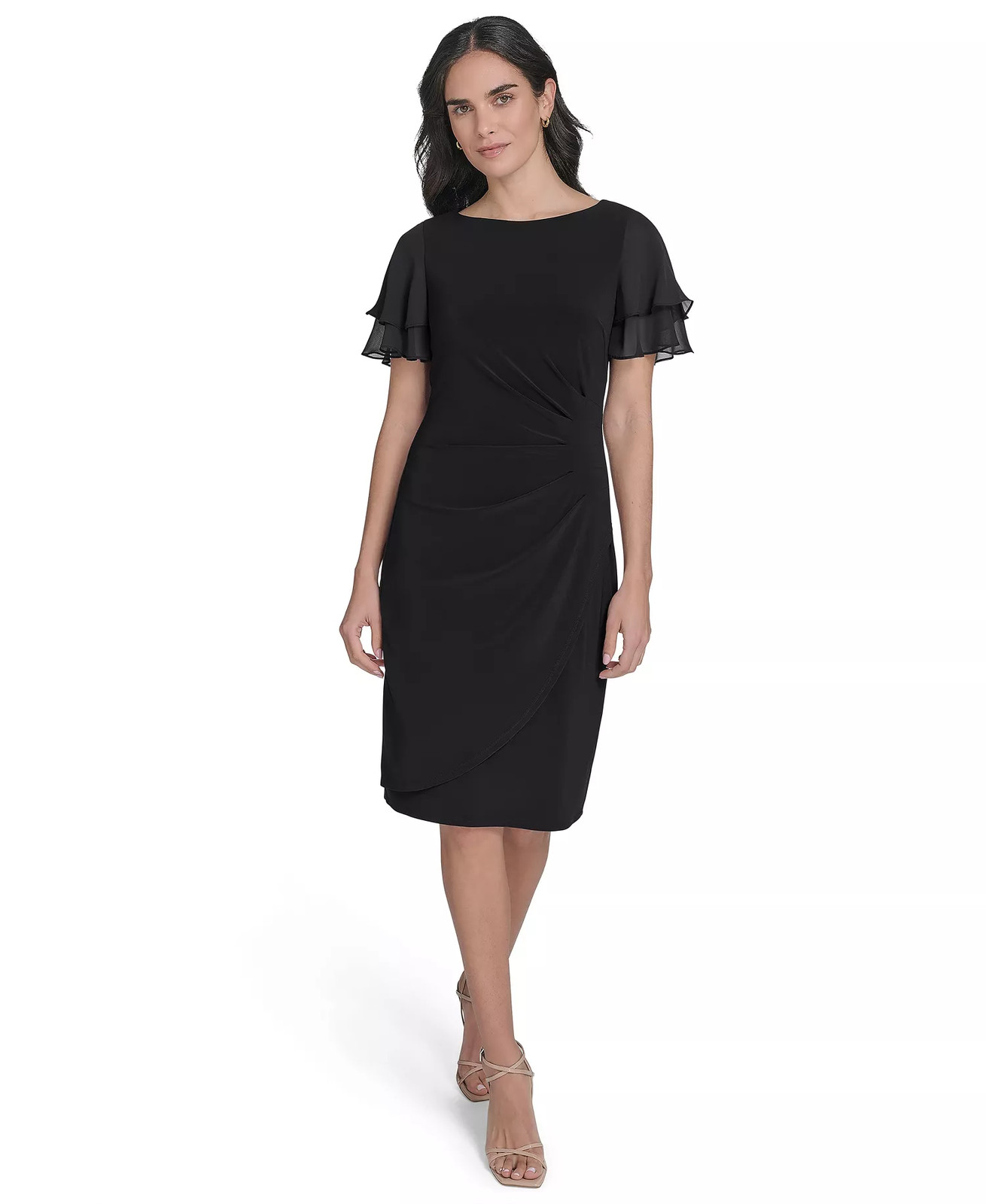 Jessica Howard Petite Dress 14P Black Flutter Sleeve Sheath Knee Length NWT