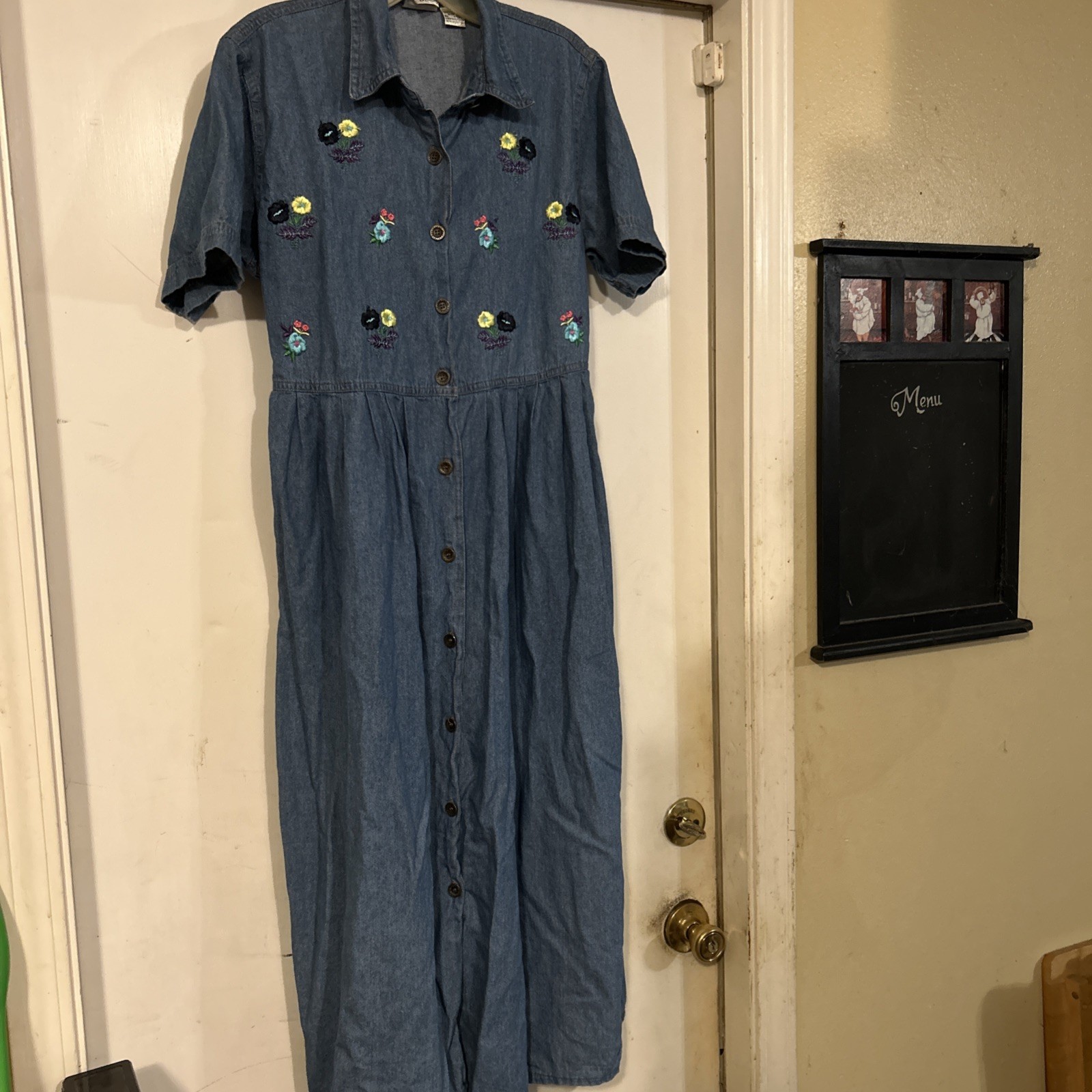 Vintage GS DENIMS Modest Dress Size Large Denim Embroidery Floral Blue