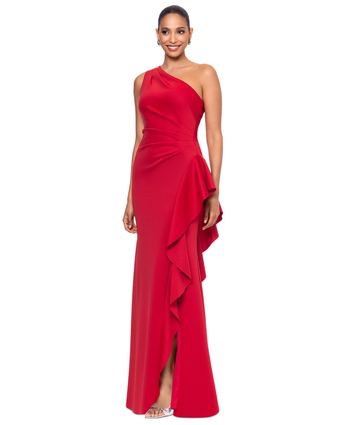Xscape Women’s Ruffled One-Shoulder Scuba Gown – Red Size 10 – DEFECT
