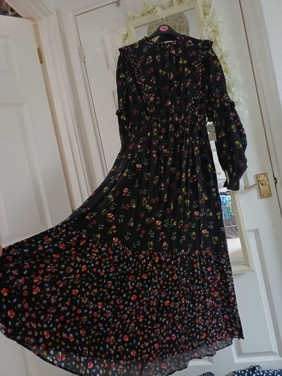 M&S Pretty Black Ditsy Floral Ruffle Floaty Midi Maxi Dress 👗14 16 Reg