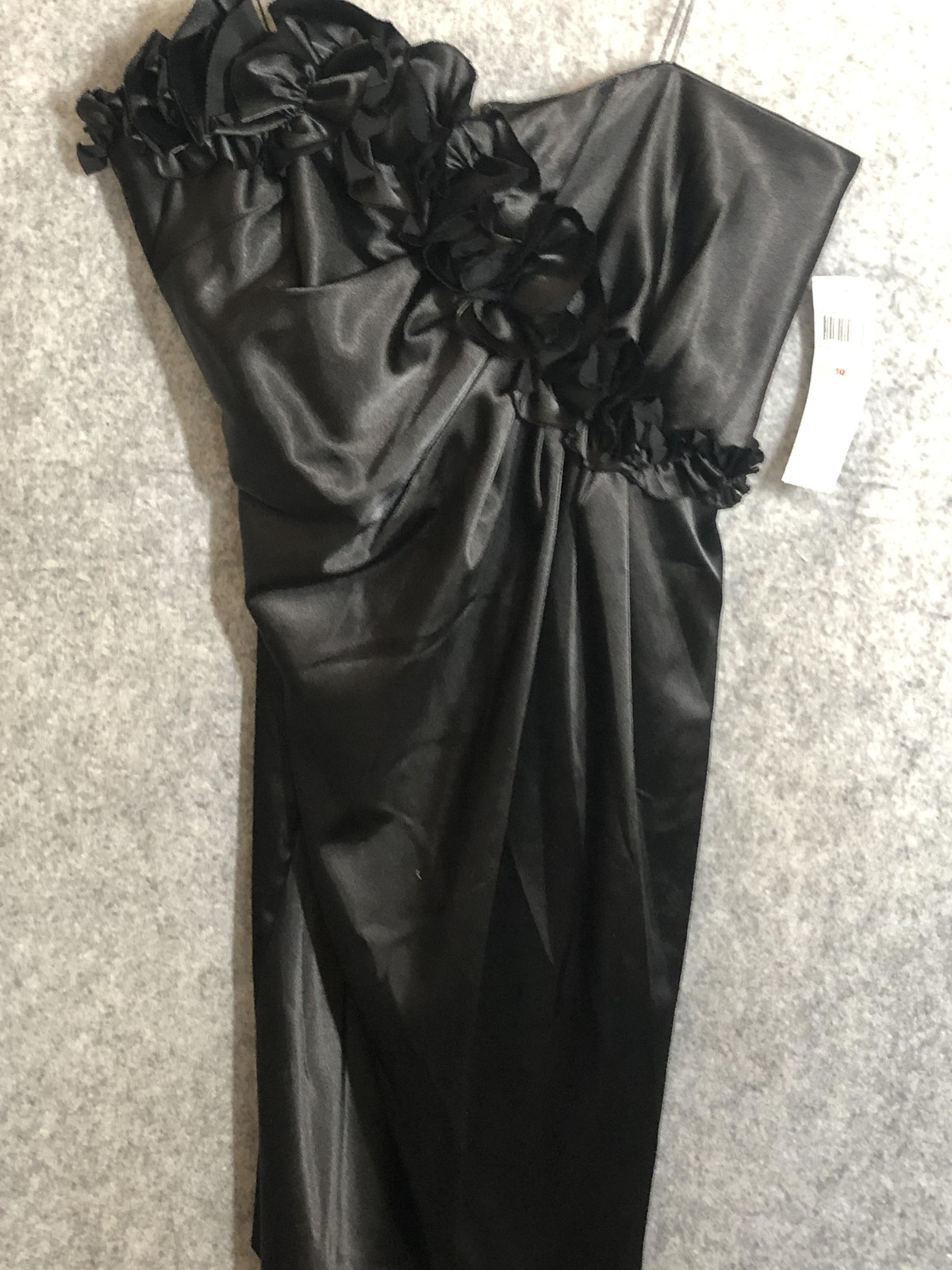 London Times Dress Womens 10 Black One Shoulder Satin Sheath Ruffle Party
