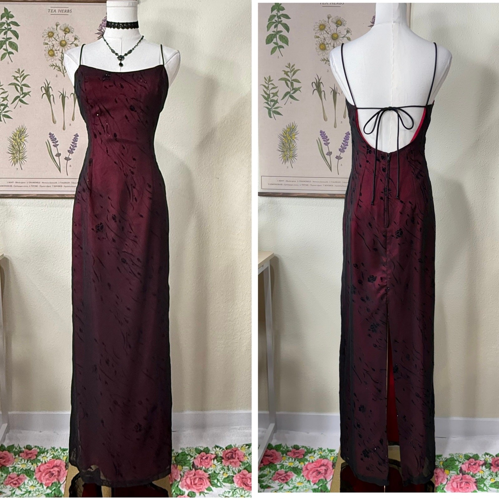 90s Y2k Glitter Velvet Floral Tie Back Formal Dress Whimsigoth Dark Fairy XS S