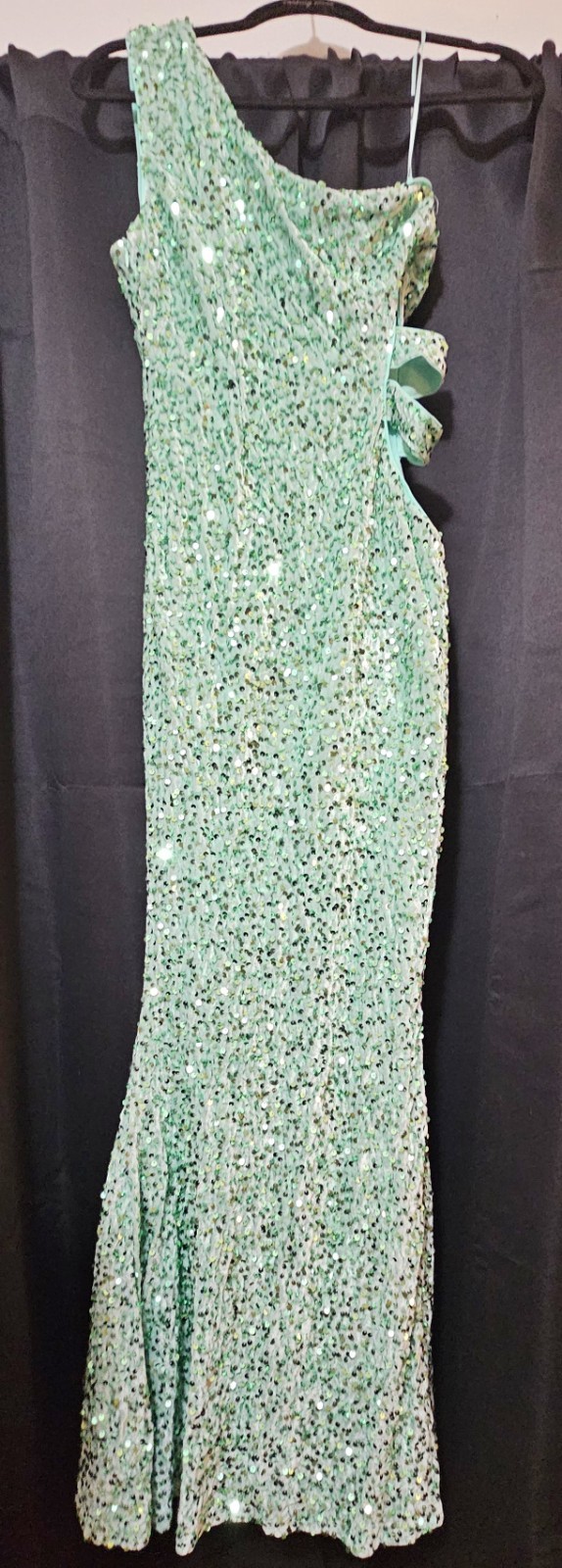 Green Solid Sequin One-Shoulder Sleeveless Long Lined Side Slit Gown Size S