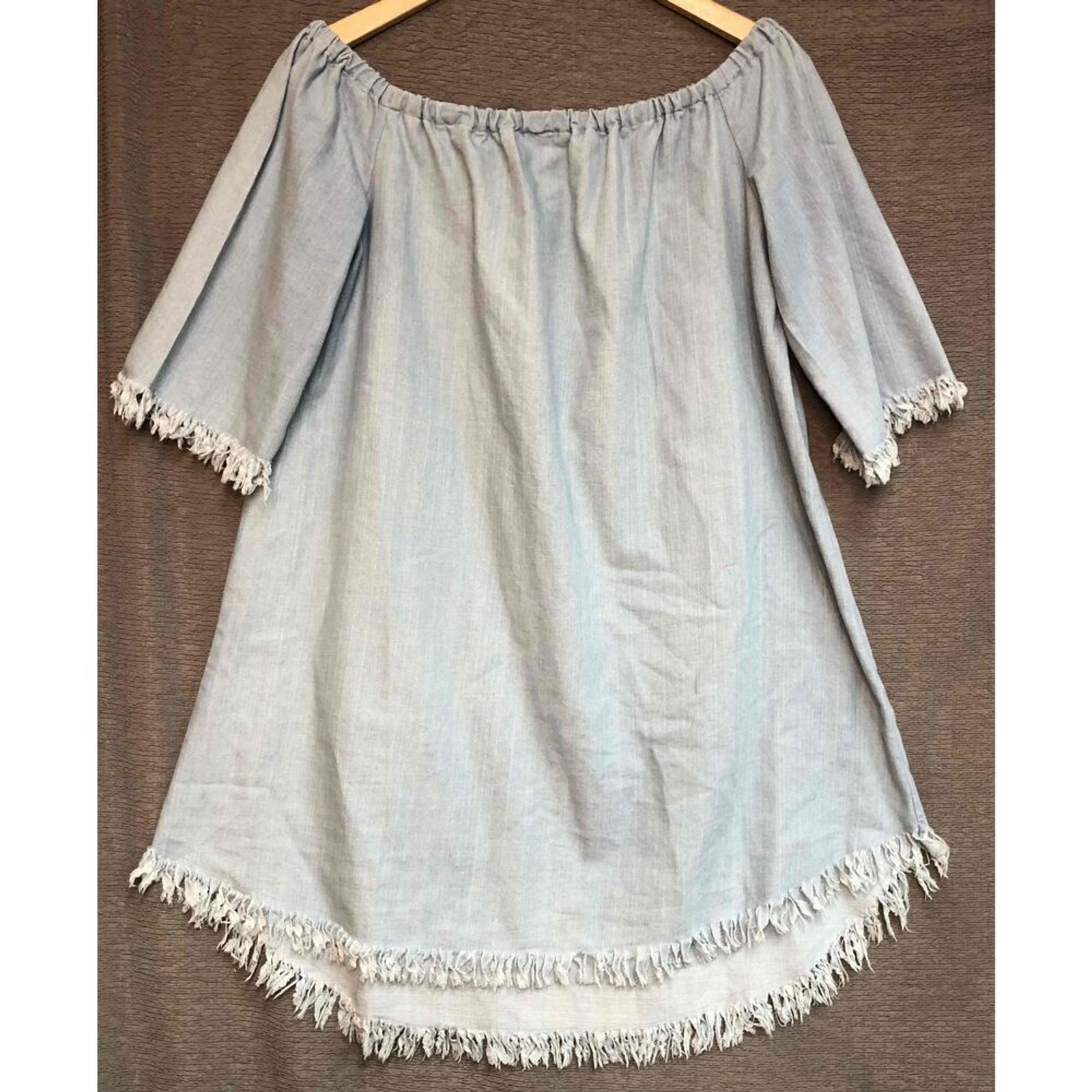 Umgee USA Light Chambray Frayed Sleeve Edge Off Shoulder Dress S