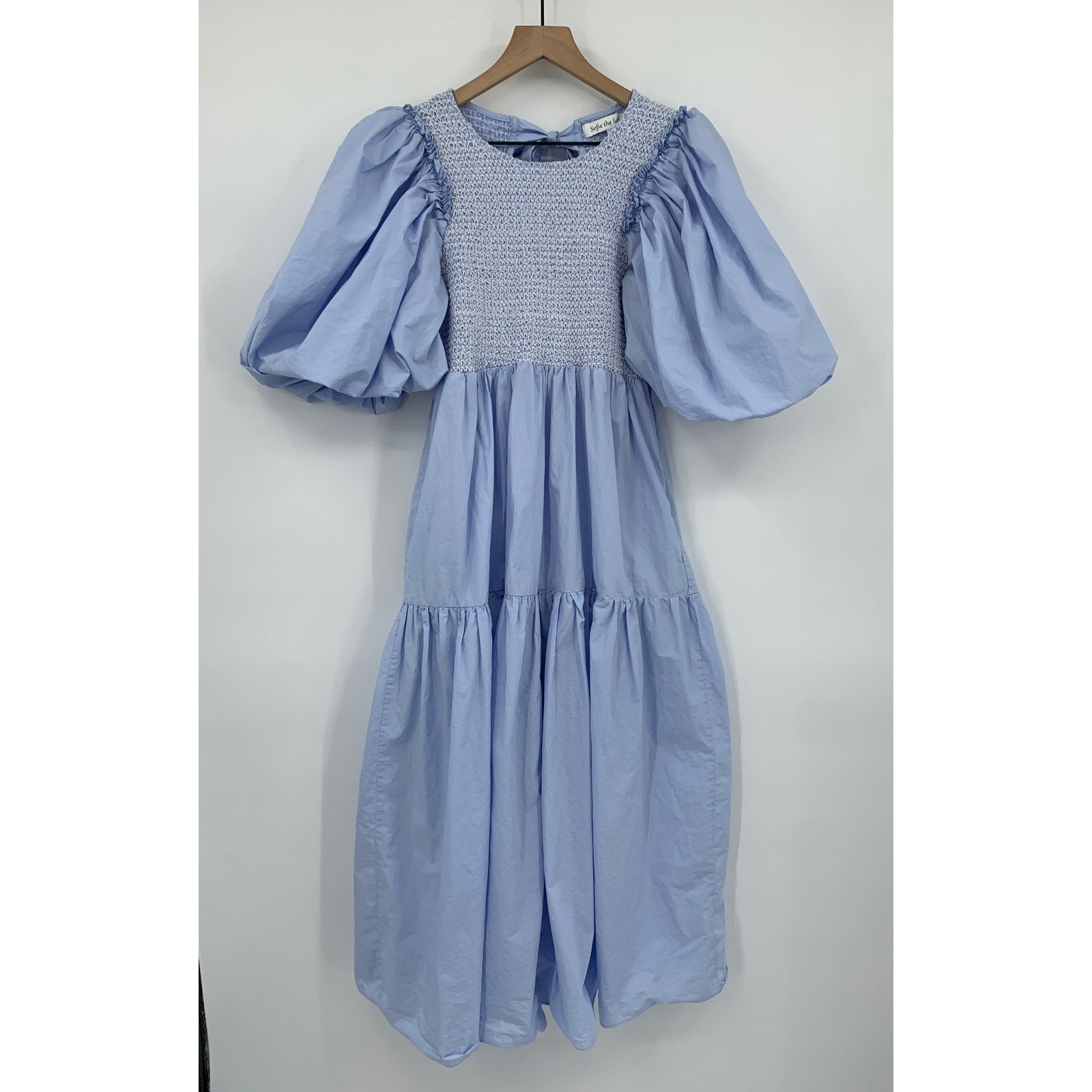Sofie the Label Dress Womens Large Blue Smocked Puff Sleeve Tiered Back Tie Maxi