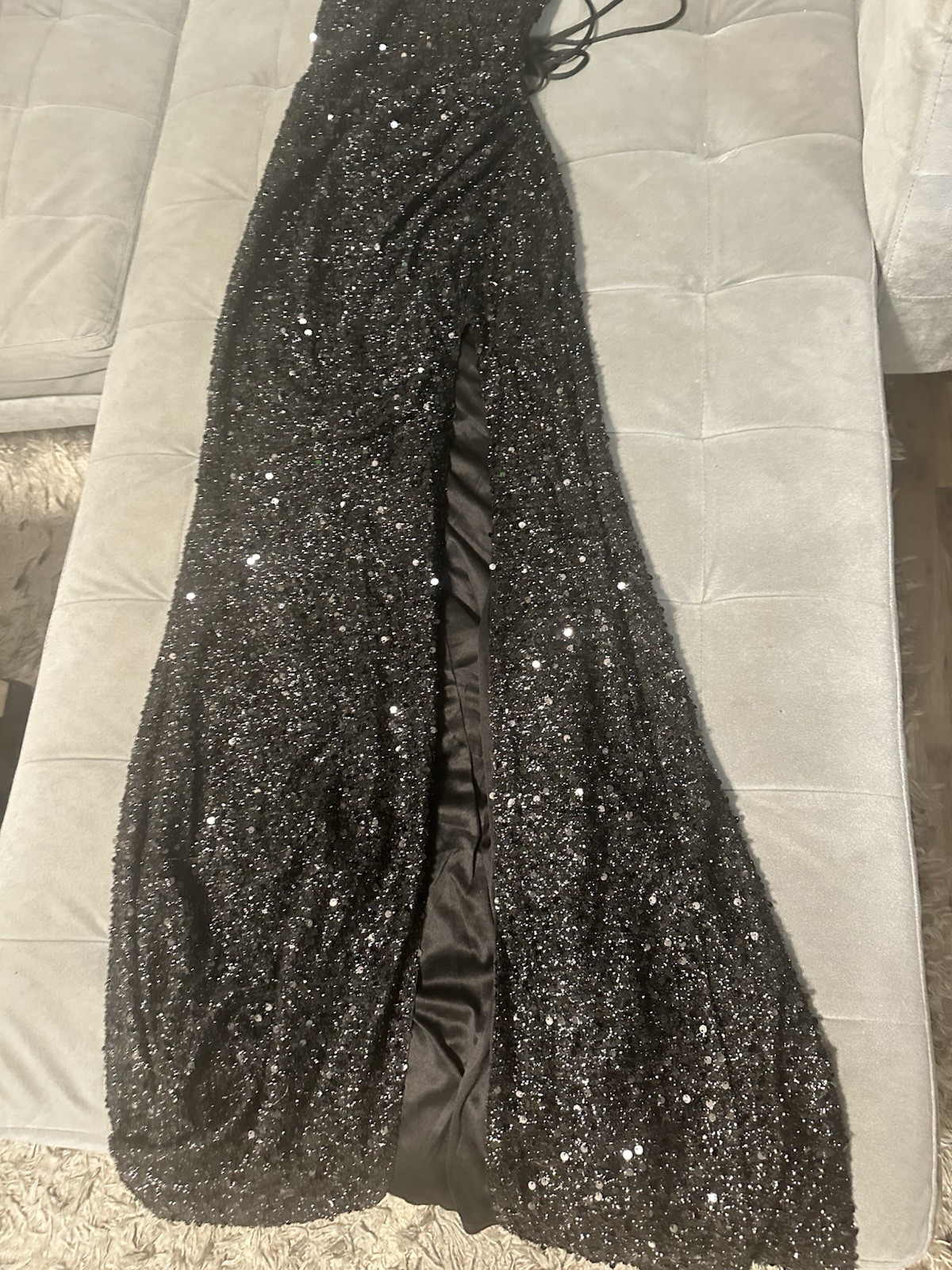 Beautiful black, full length, sequined prom dress with lace up back Size Xs