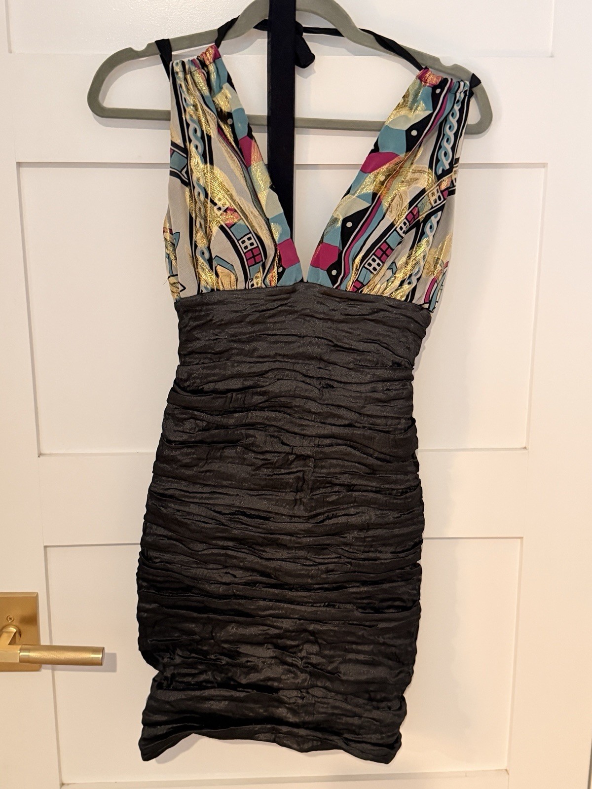 Black Multicolor Abstract Ruched Sleeveless V-Neck Tie Bodycon Short Dress