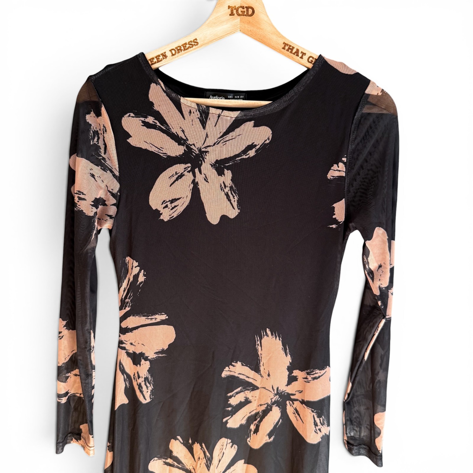 Ladies Floral Maxi Dress Black Beige Long Sleeved Size 8