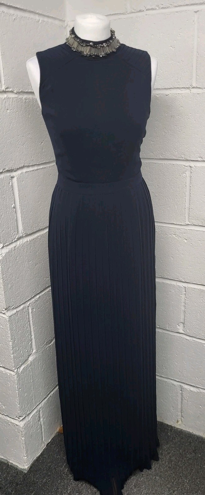 Spotlight Warehouse Navy Blue Embellished Neckline Pleated Maxi Dress Size 8. PT