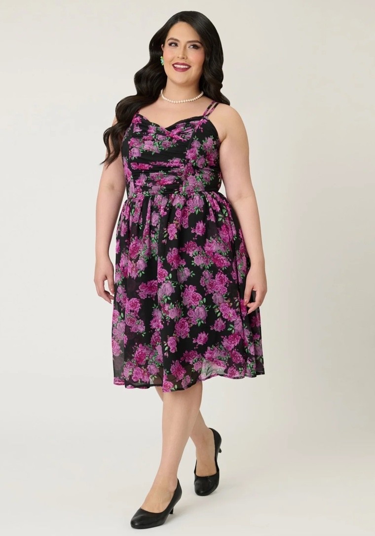 UNIQUE VINTAGE BLACK & PURPLE FLORAL REED SWING DRESS – NEW – REG AND PLUS SIZES