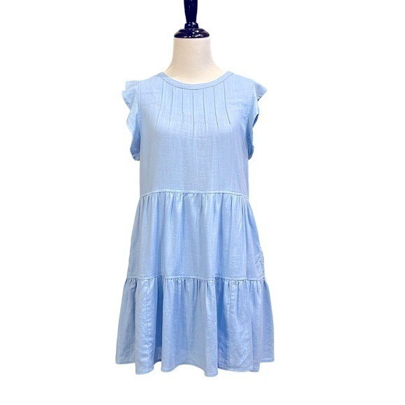 New In Light Blue Tiered Flutter Sleeve Mini Dress Small Pleated Neckline Pocket