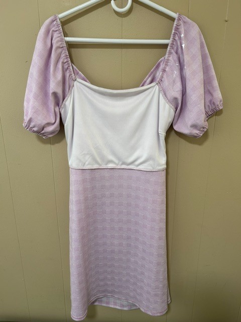 GILLI Women’s L Pink Lilac Gingham Puff Sleeve Open Back Mini Dress Cottagecore