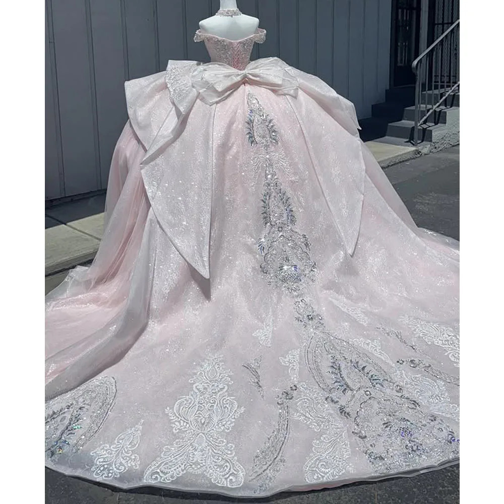 Off Shoulder Pink Rhinestone Bow Overskirt Lace Ball Gown Quinceanera Dresses
