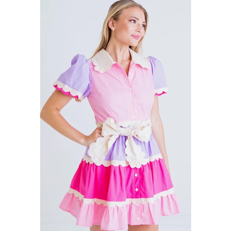 Karlie Scalloped Button Front Cutie Pie Mini Dress Pink Size Large
