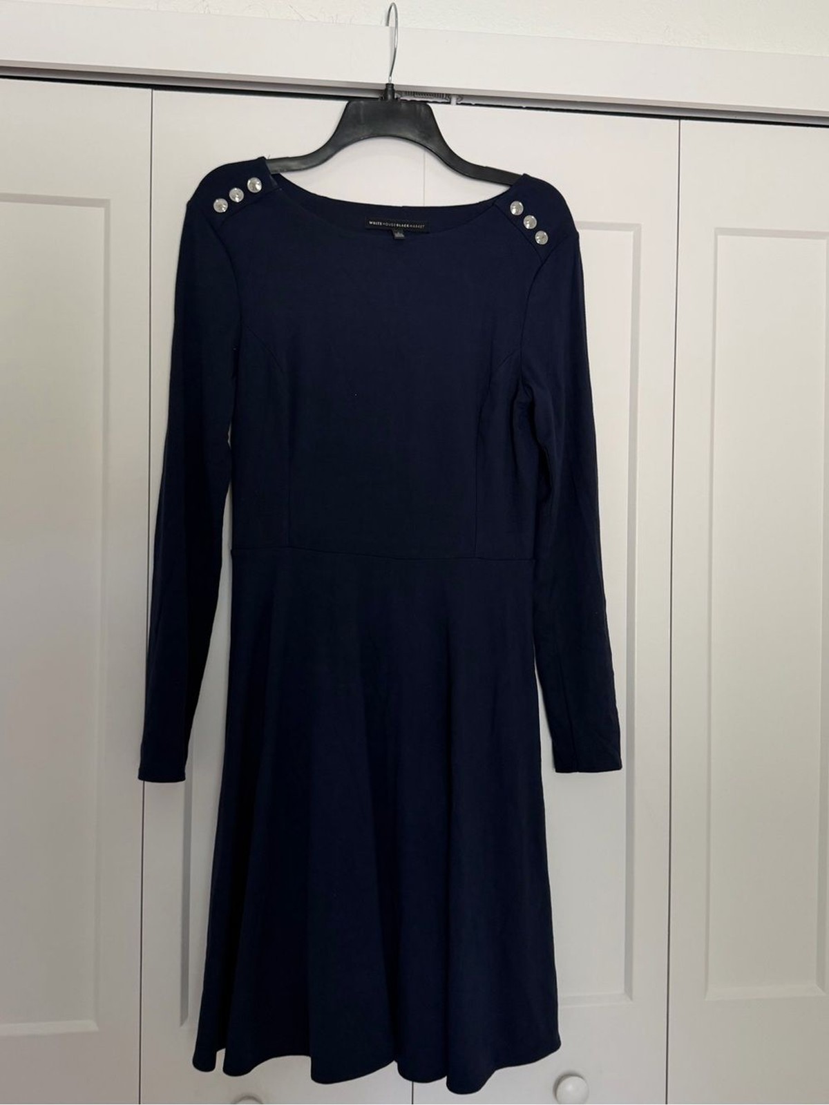 White House Black Market Navy Long-Sleeve Button-Shoulder Fit & Flare Dress