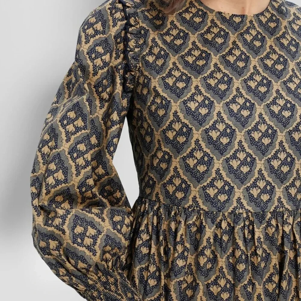 NWT Tuckernuck Hyacinth House Anja in Tan Navy Floral Cotton Midi Dress XXL 2XL