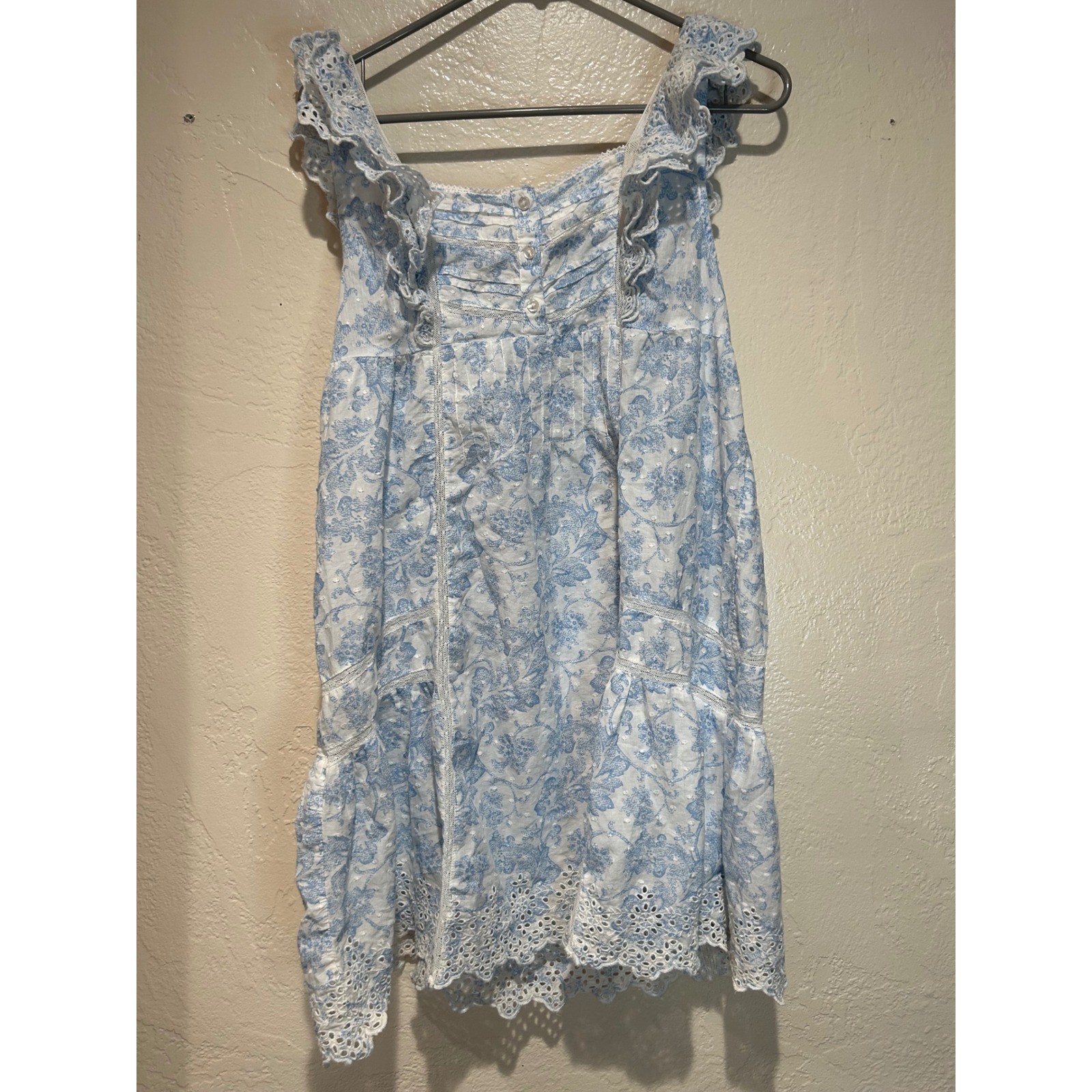 Rachel Ashwell Blue Floral Toile Eyelet Cotton Mini Dress Smocked Back Womens M