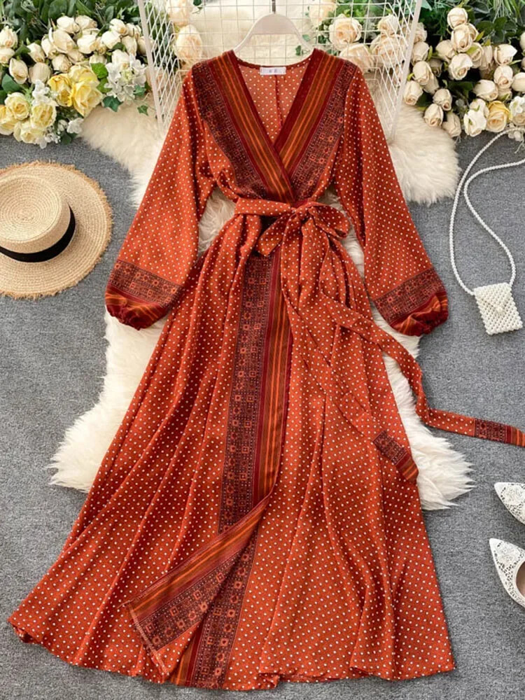 Spring Autumn Women’s Dress New Thin Chiffon Print Lace-up Waist Slim Long Dress