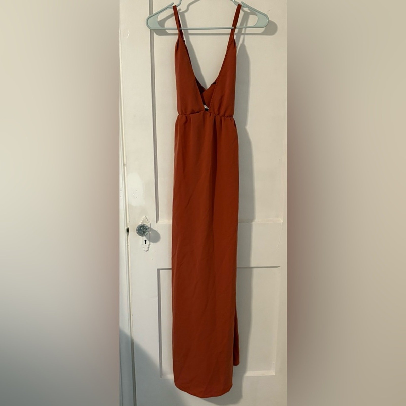 Promesa Boho Deep Plunge terra cotta flowy criss cross maxi dress Sz S