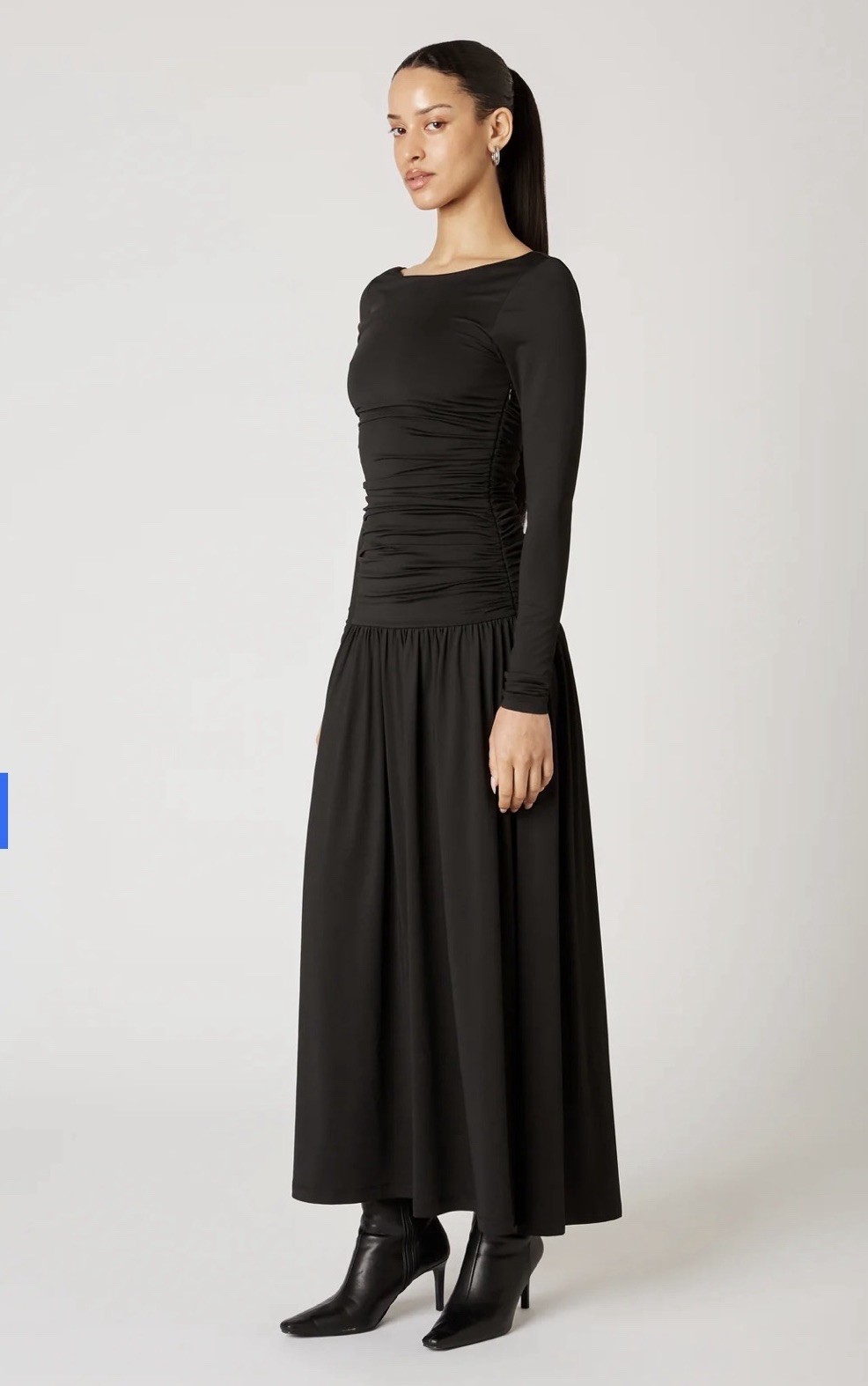 NIA the Brand Sera Dress Black Maxi Stretch Drop Waist Back Long Sleeve Medium